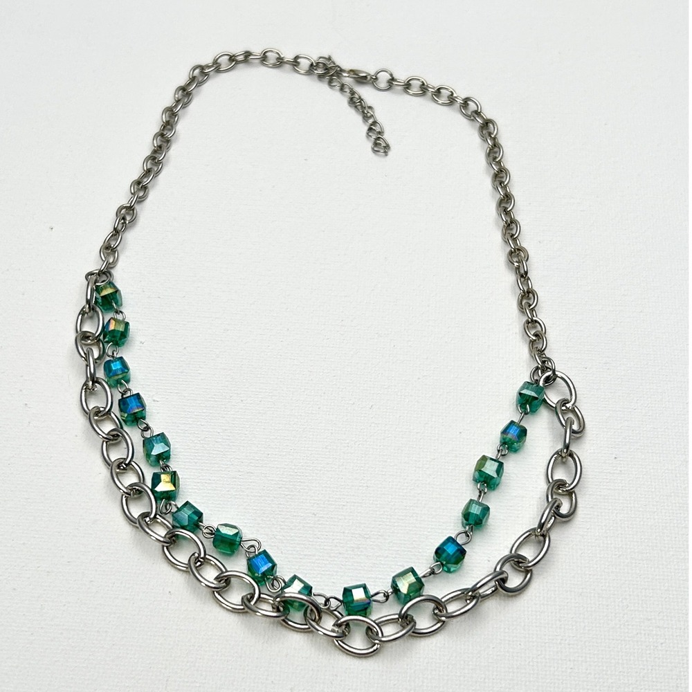 Double Layer Teal Green Crystal Cube Bead Necklace Silver Tone Chunky Chain 17In
